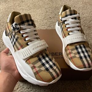 Burberry Beige Plaid Sneakers with White Accents